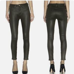 7 For All Mankind Knee Seam Skinny Pants Sz 32 Hunter Green Crackle Faux Leather